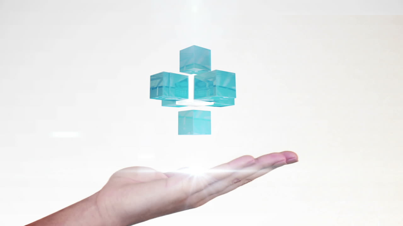 cuadrícula de cubos holográficos presentados a mano