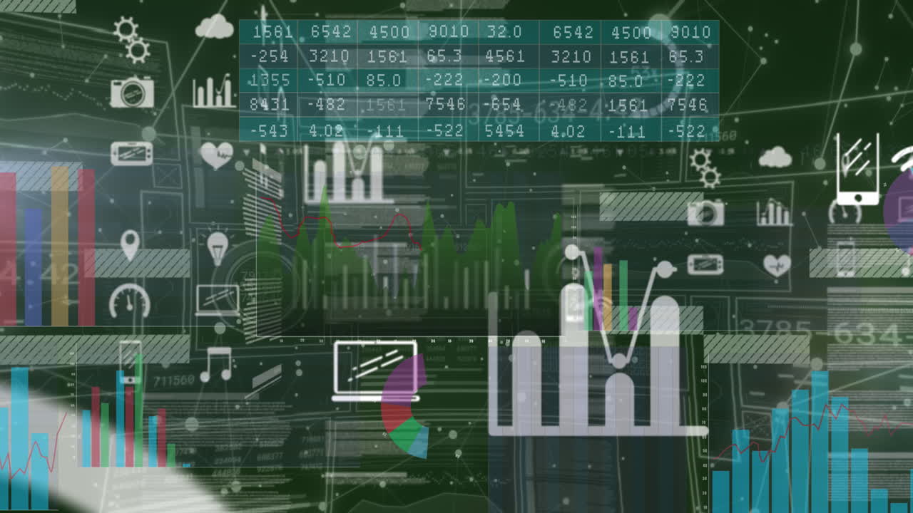 animazione di icone e elaborazione di dati finanziari.