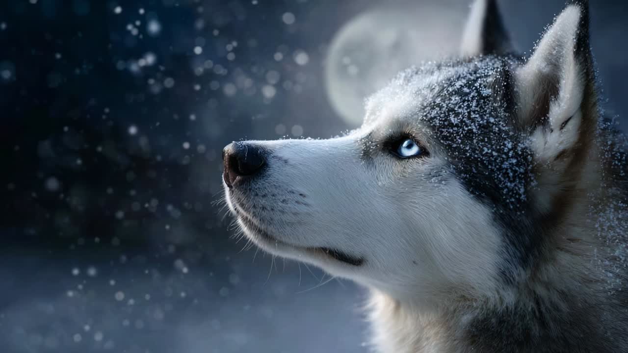 A Captivating Winter Scene Featuring a Majestic Husky with a Snowy Coat Gazing Upward, Captured in a Serene Moment Amidst Soft Snowflakes and a Mystical Moonlight Glow