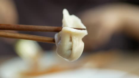 chopsticks holding a dumpling