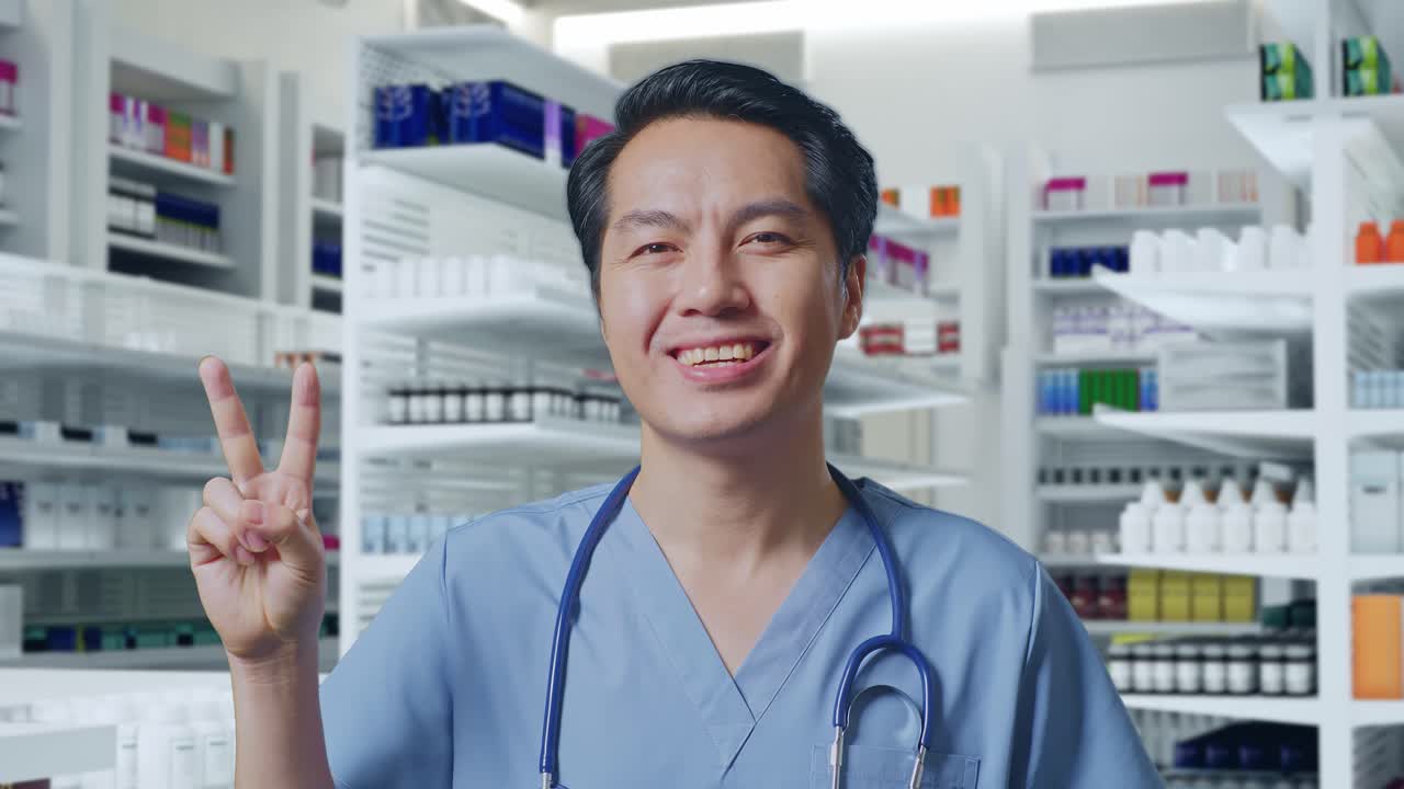 스테토스코프를 들고 있는 아시아 남성 의사의 근접 사진. 약국에서 평화와 미소를 지는 몸짓을 보여준다.