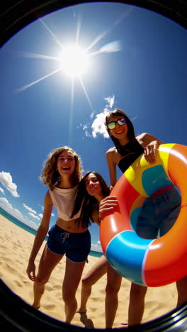 three friends enjoying a sunny day at the beach with an inflatable ring