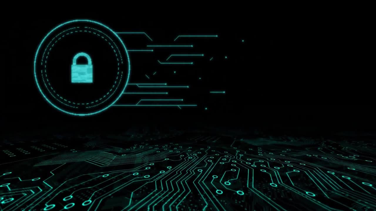 Animation of online security padlock with computer circuit board in background