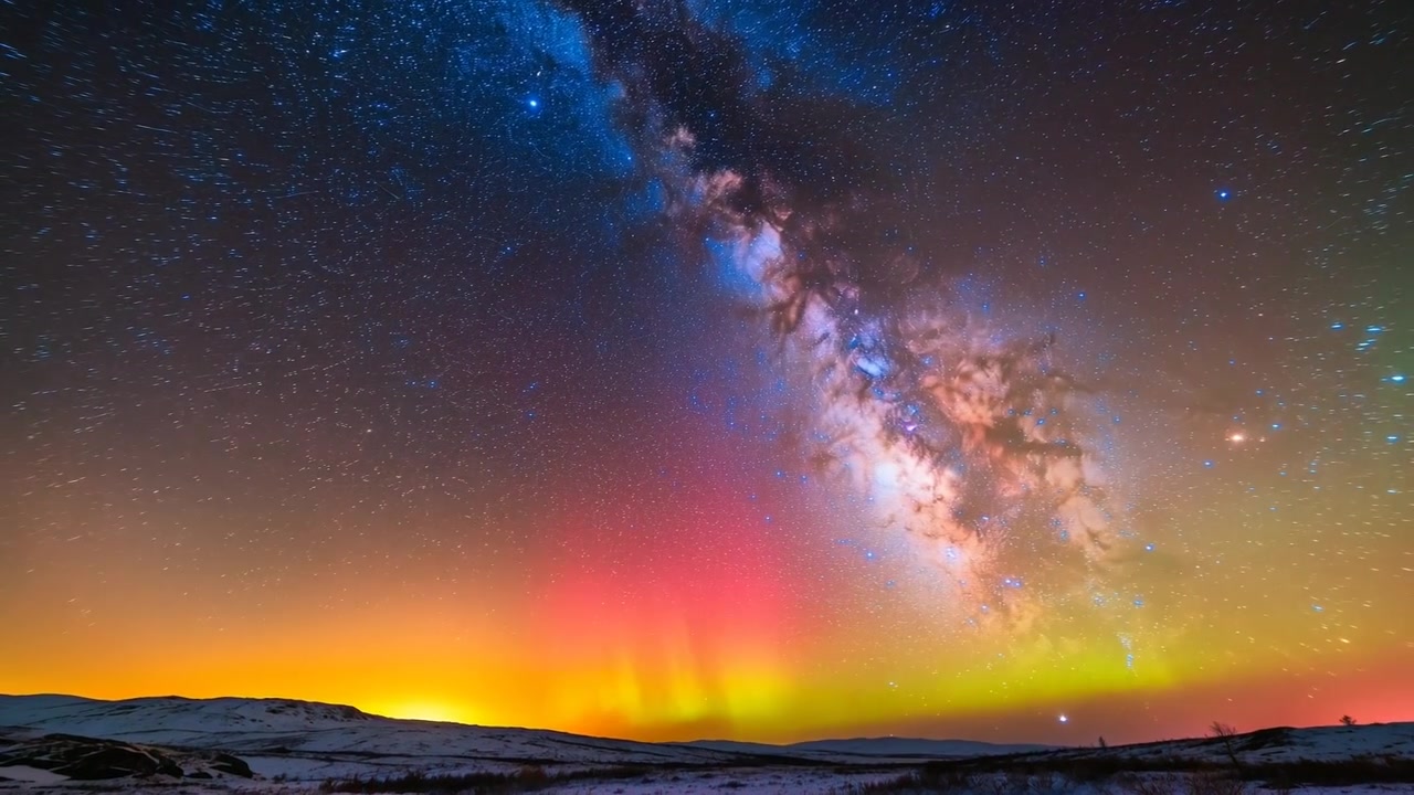 Shifting Milky Way and auroral pillar brightening on snowfield responding to rising horizon glow