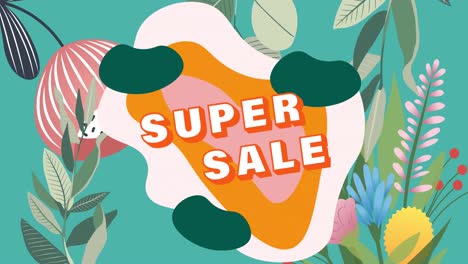 animación de texto de super venta sobre flores que se mueven en movimiento hipnótico sobre fondo verde