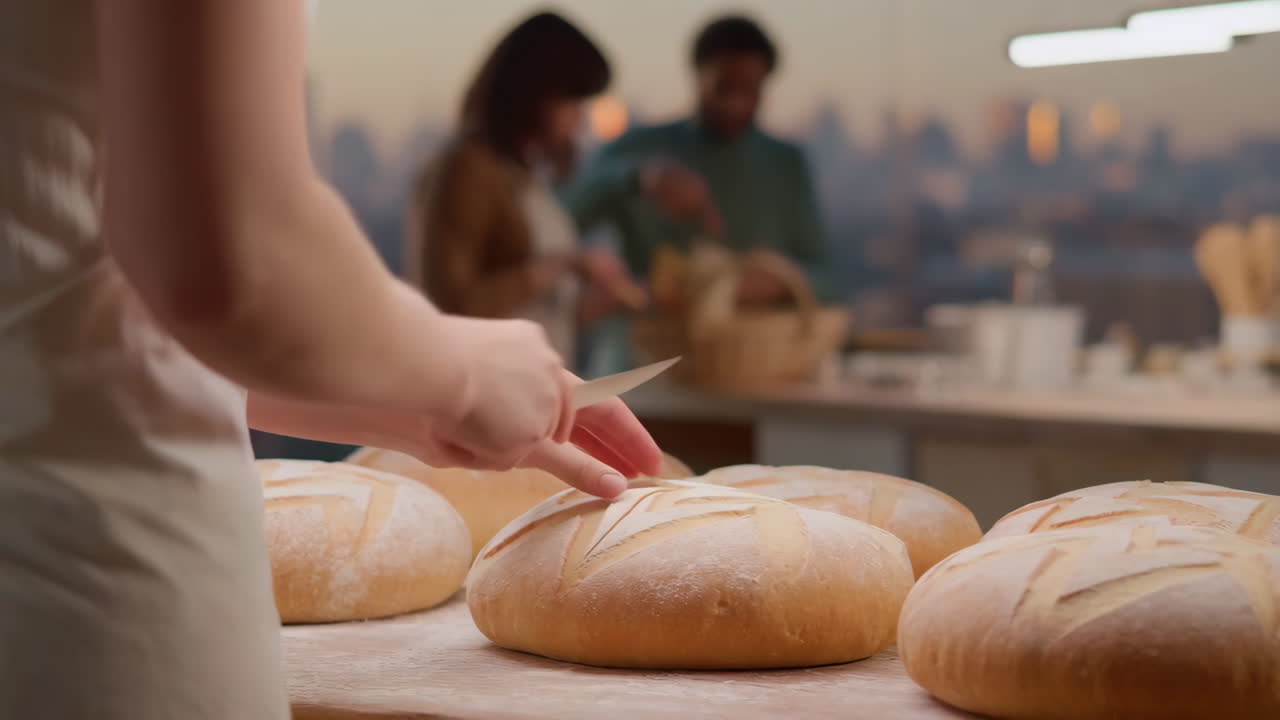 Baker Scoring Fresh Bread Loaves