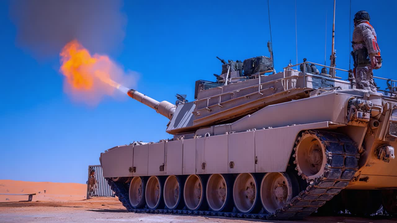 A Powerful Display of Military Might: A Tank Fires Its Main Gun Against a Clear Desert Background, Showcasing Armored Capability and Precision in Action