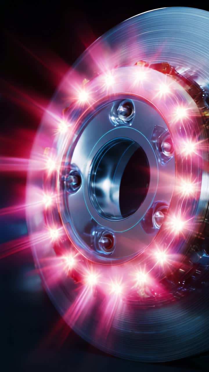 Illuminated Brake Disc Design Featuring Vibrant LED Accents in a Dark Setting, Showcasing Advanced Automotive Engineering and Modern Aesthetic Appeal