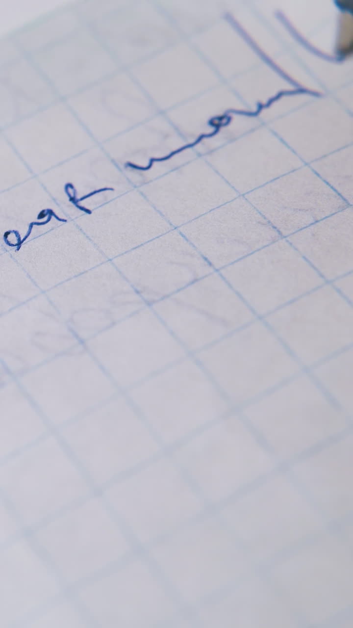 man writes greeting of warm letter to friend with ball pen on blank checkered paper sheet extreme close view