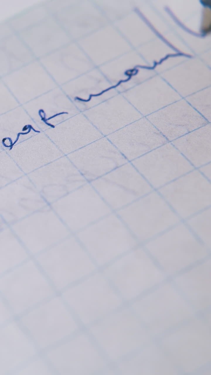 man writes greeting of warm letter to friend with ball pen on blank checkered paper sheet extreme close view