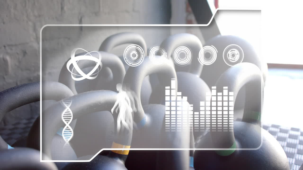 피트니스 데이터와 dna 애니메이션 오버레이를 가진 체육관의 케틀벨