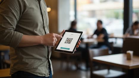 user engaging with digital qr code on tablet in café environment: a seamless blend of technology and dining experience