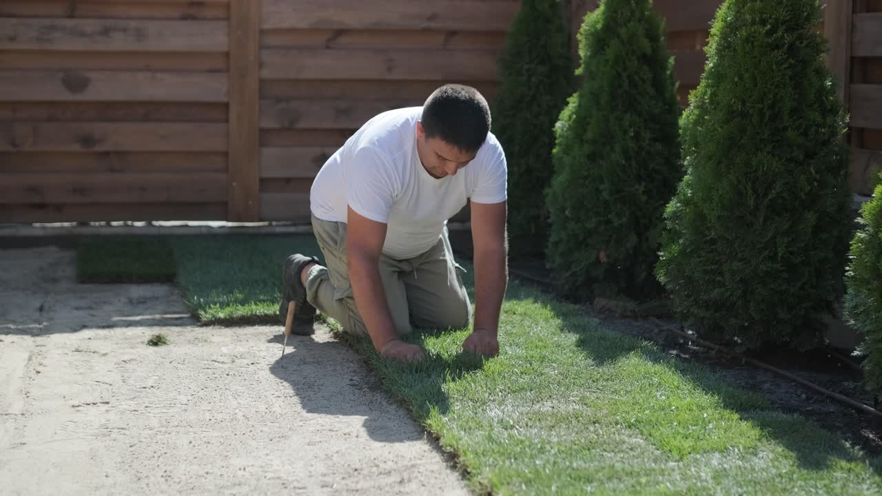잔디 설치 및 조경 프로젝트를 위해 뒷마당 정원에 소드 풀을 는 사람, 주거 마당의 신선하고 푸른 잔디를 위해 집 개선 및 야외 유지에 초점을 맞추고 있습니다.