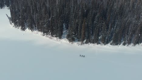 Toma-Aérea-De-Un-Grupo-De-Personas-Caminando-Sobre-Un-Lago-Congelado-Rodeado-De-Pinos-Y-Montañas-Durante-El-Invierno,-Columbia-Británica,-Canadá