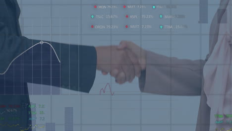 animation of data processing over businessman handshake