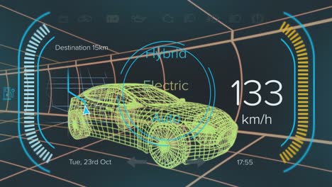 Animation-of-speedometer,-gps-and-charge-status-data-on-hybrid-car-interface,-over-3d-car-model