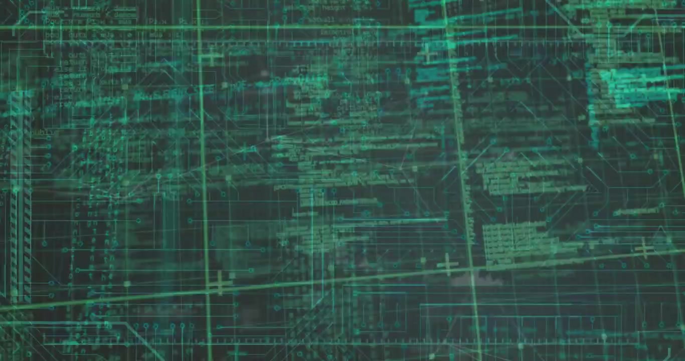 Animation of data processing over grid on black background