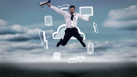 hombre de negocios con megáfono saltando delante de la computación en la nube animada