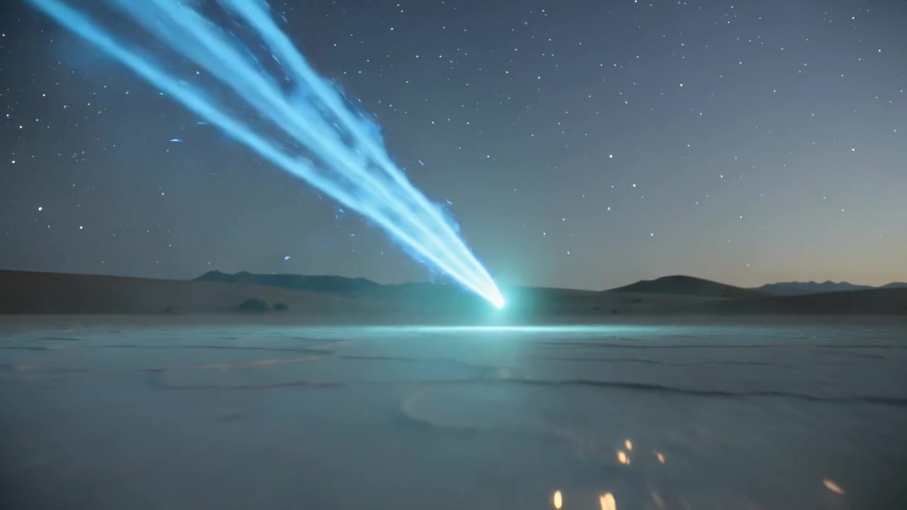 Entering sky racing cyan meteor with three plumes descending to impact salt plain, making sparks