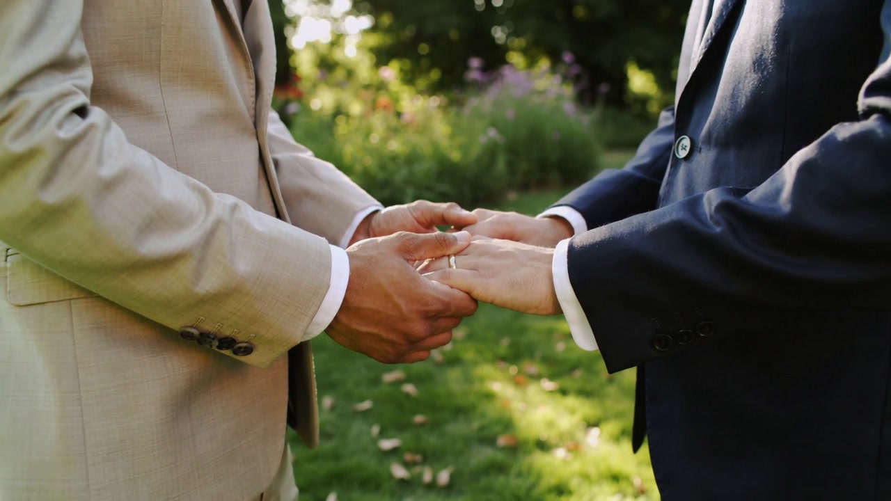 Placing ring, groom in tan suit after vows in garden, sliding band onto dark-suit partner's finger