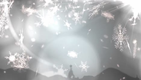 Animation-Von-Weihnachtsschnee,-Der-über-Weihnachtsdekorationen-Auf-Grauem-Hintergrund-Fällt