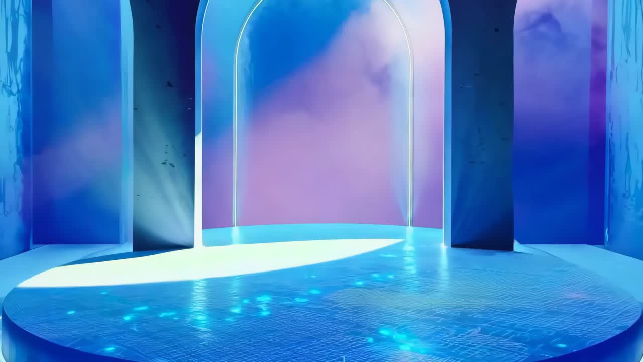 파란색과 보라색 조명이 있는 쇼를 위해 세워진 무대