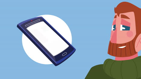 joven barbudo con smartphone avatar animación de personajes