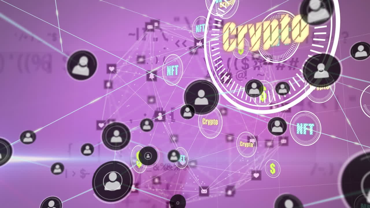 animación de la red de conexiones a través de texto criptográfico e íconos.