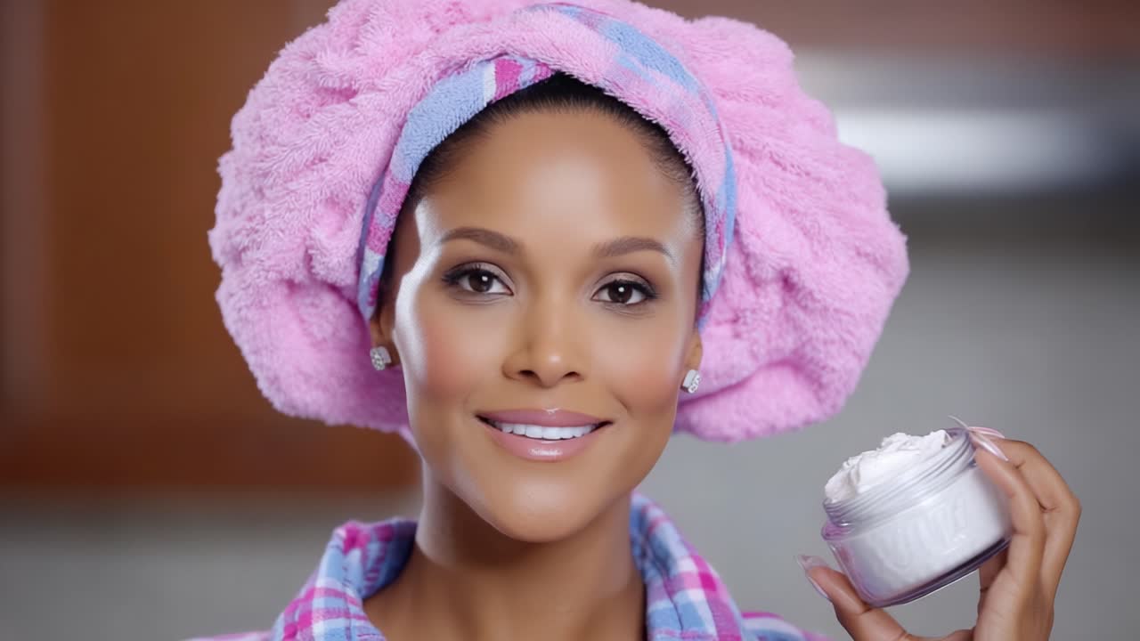 A Radiant Influence: Embracing the Beauty Routine with a Smile and Skin Care Essentials in a Warm, Inviting Atmosphere