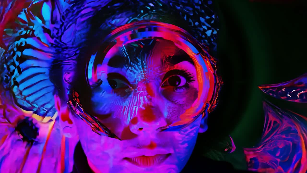 Surrealistický abstraktní portrét ženy s neonovými světly a vzory