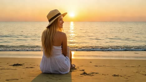 a woman sits on the warm sand of a tranquil beach, gazing out at the horizon where the sun slowly sets, painting the sky with hues of orange and gold. dressed in a light summer dress and a stylish hat, she enjoys a peaceful moment, surrounded by the rhythmic sound of gentle waves lapping at the shor