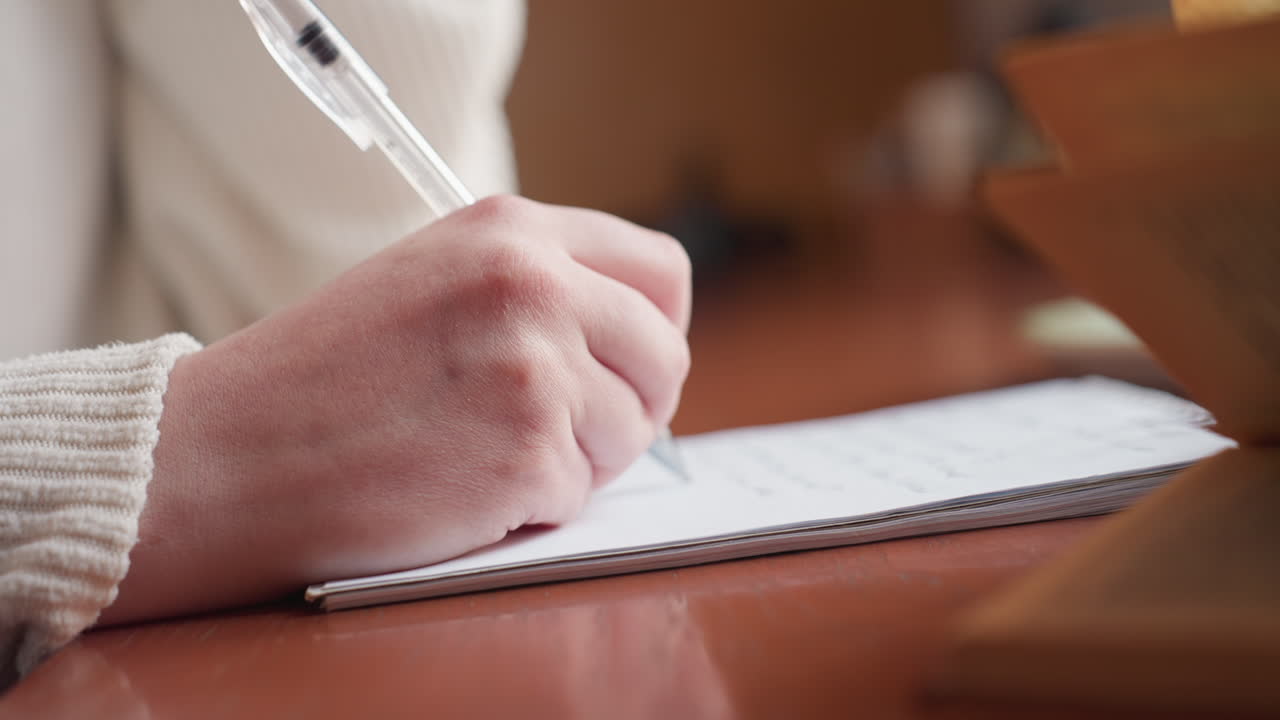close up of fair hand person writing with pen on lined notebook beside open book on wooden desk with soft background blur and natural lighting in cozy indoor setting