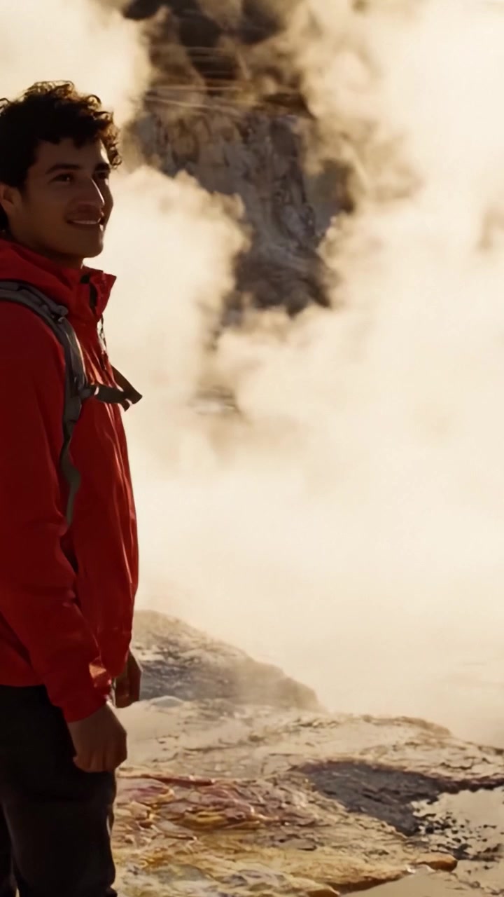 Un giovane avventuriero si immerge nelle meraviglie della natura, affascinato dal vapore e dall'attività geotermica del paesaggio mozzafiato che lo circonda.
