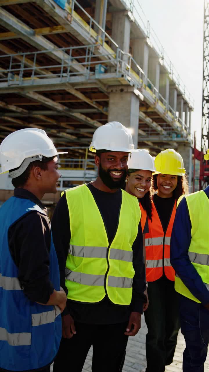 A group of construction workers in safety gear smiling at the camera