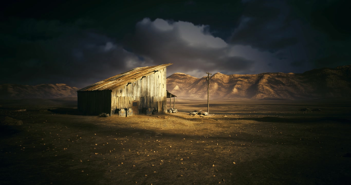 Dilapidated rural structure illuminated briefly by lightning flashes