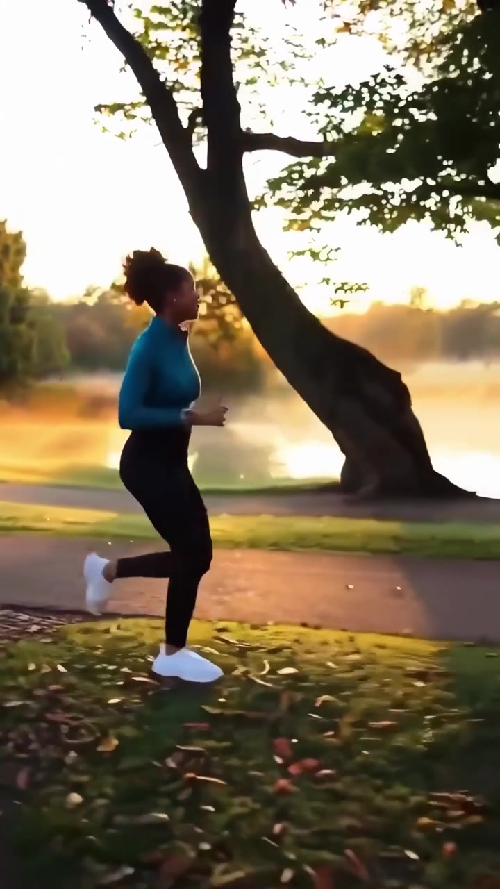 Giovane donna che fa jogging nel parco all'alba