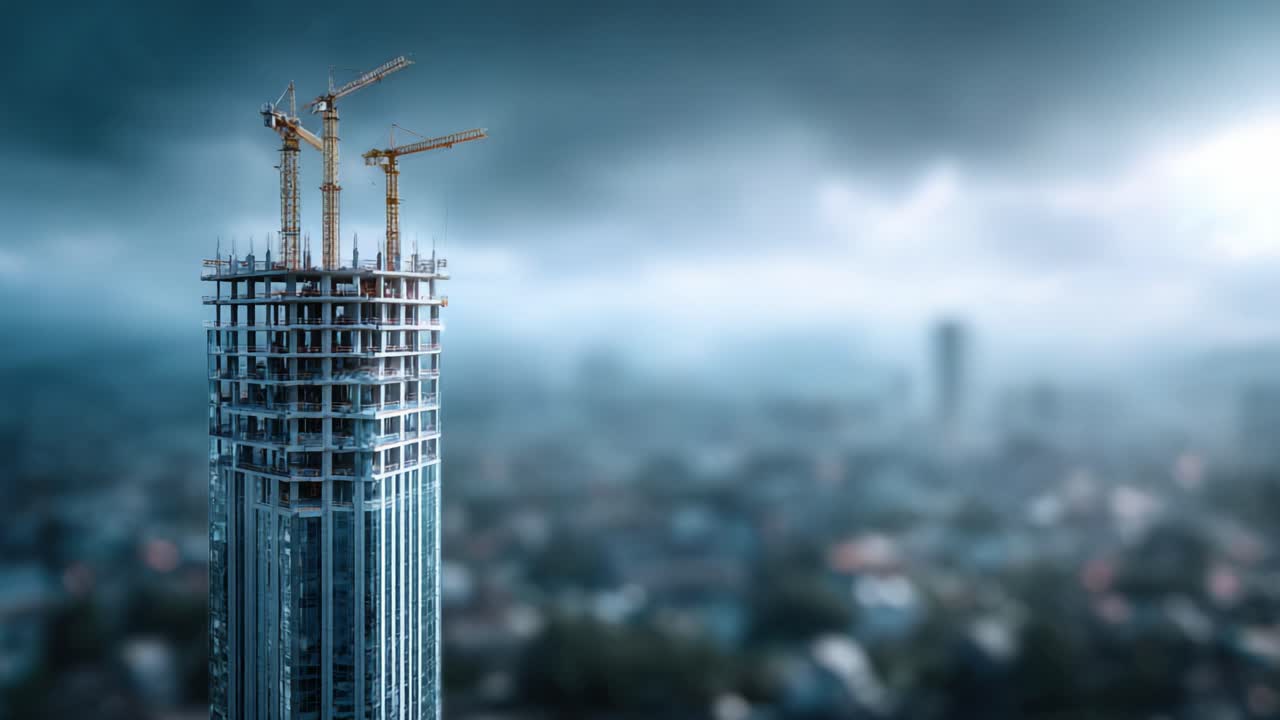 Modern High-Rise Under Construction with Tower Cranes Against a Dramatic Cloudy Sky in a Metropolitan Urban Landscape