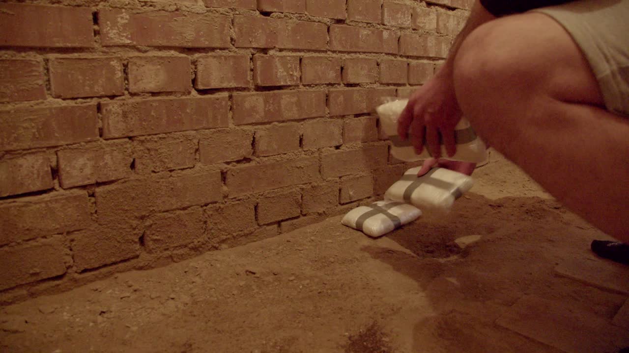 숨겨진 저장소에 분말 코카인 팩을 배치하는 남자