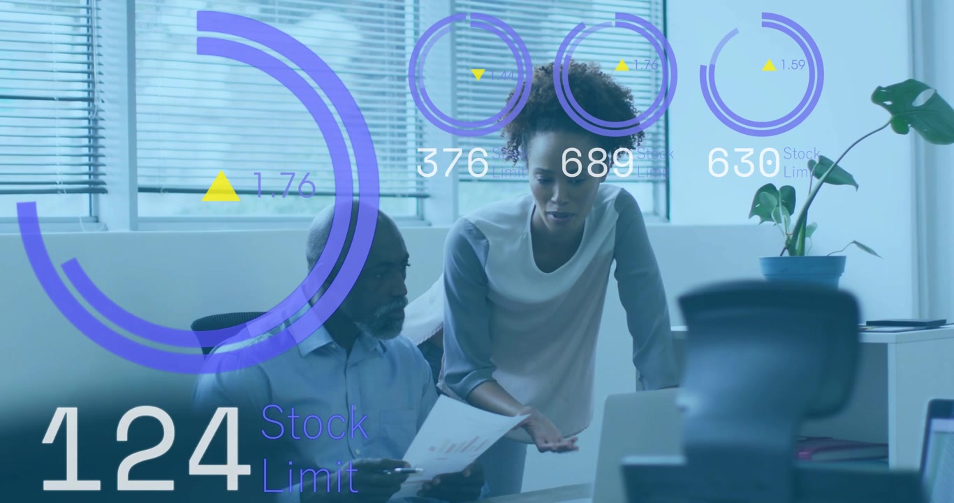 Team assessing Stock Limit, woman pointing at laptop causing gauges growing to peak then falling