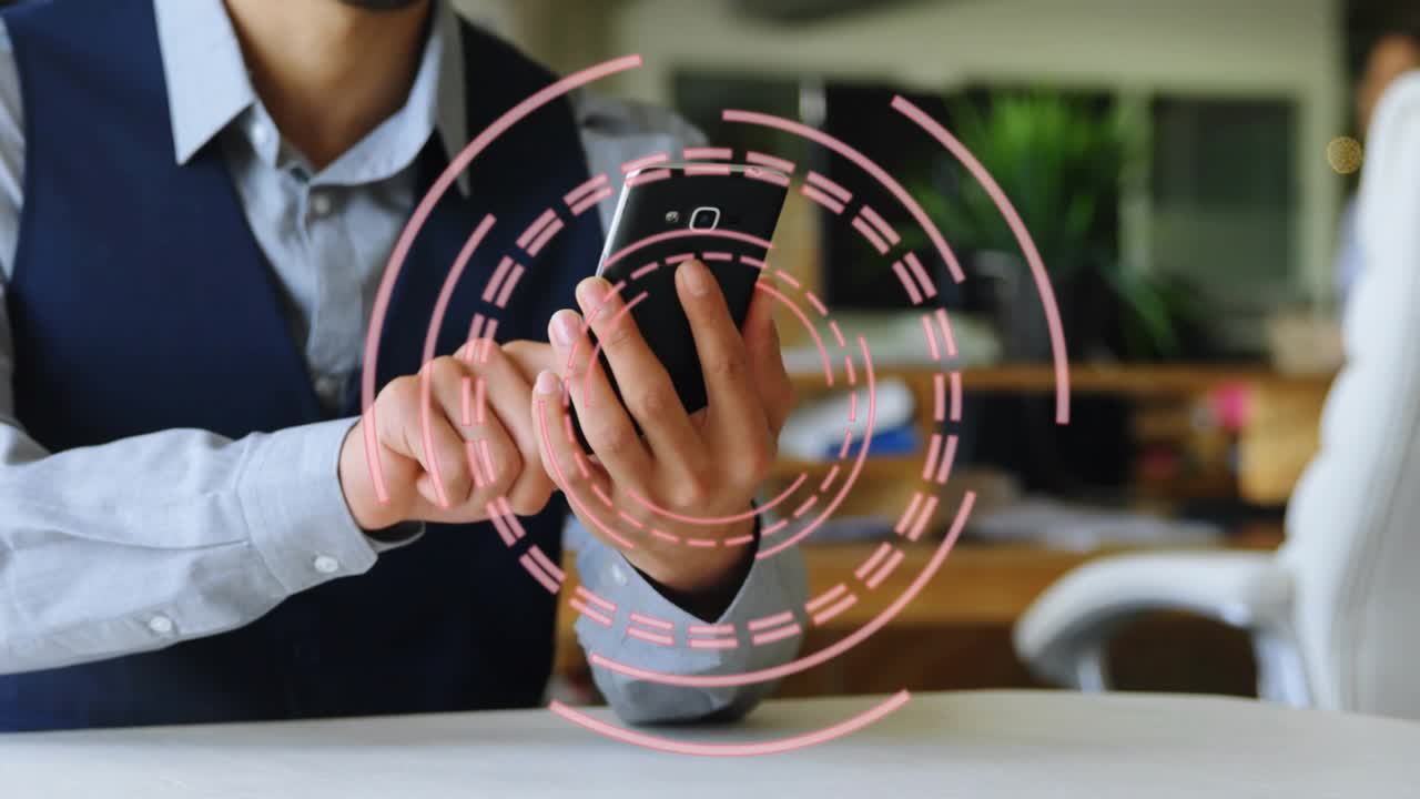 Man tapping phone to navigate business app while HUD pulses over phone, colleague walking blurred