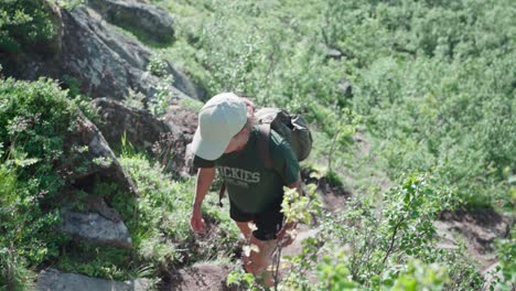 woman hiker climbing on rocky steep slopes mountain with foliage during summer in norway. - high angle shot