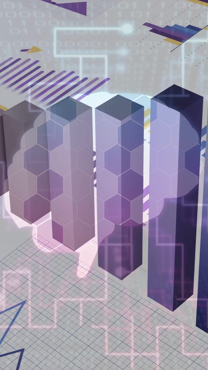Video verticale: Cinque colonne viola che si innalzano mentre la telecamera si sposta, mostrando la crescita dei dati tecnologici.