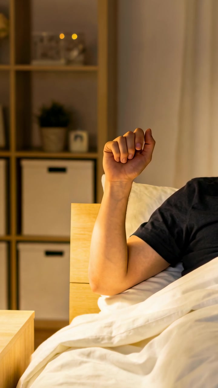 Video verticale: Uomo con maglietta nera che si avvicina al comodino, tira indietro il braccio, stringe il pugno a letto, con spazio per il testo