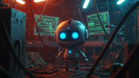 a small robotic character stands in a complex setup filled with screens and tangled wires, illuminated by vibrant neon lights, evoking a futuristic technological environment