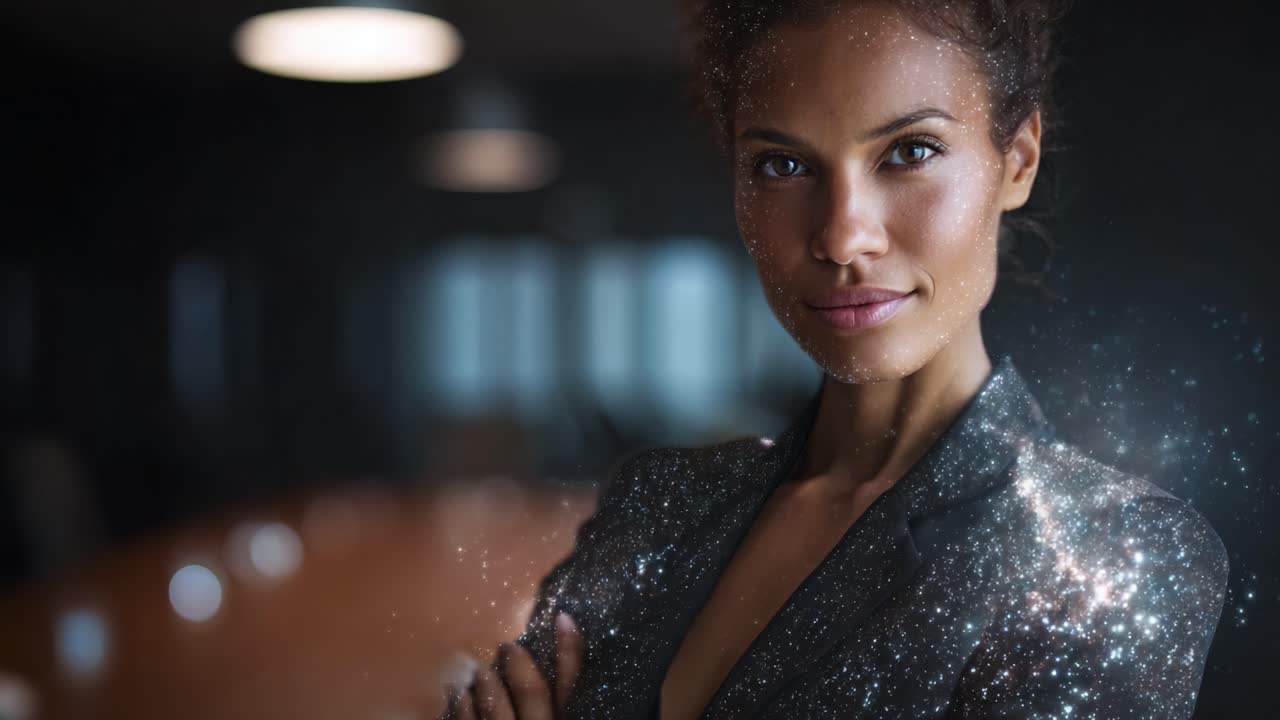 Femme d’affaires charismatique et professionnelle, étincelante avec une touche de poussière d’étoile, dans un tailleur élégant sur un arrière-plan de bureau faiblement éclairé