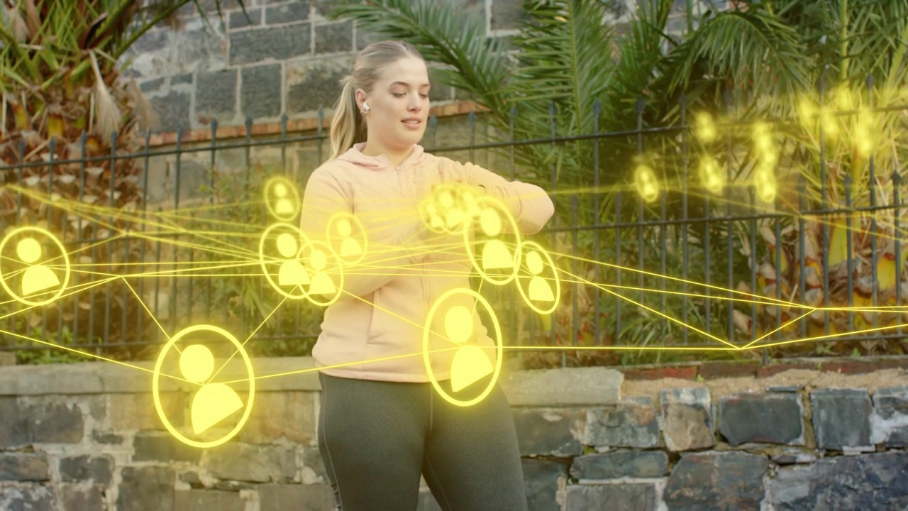Woman checking watch tapping and swiping glowing nodes circling wrists monitoring fitness outdoors