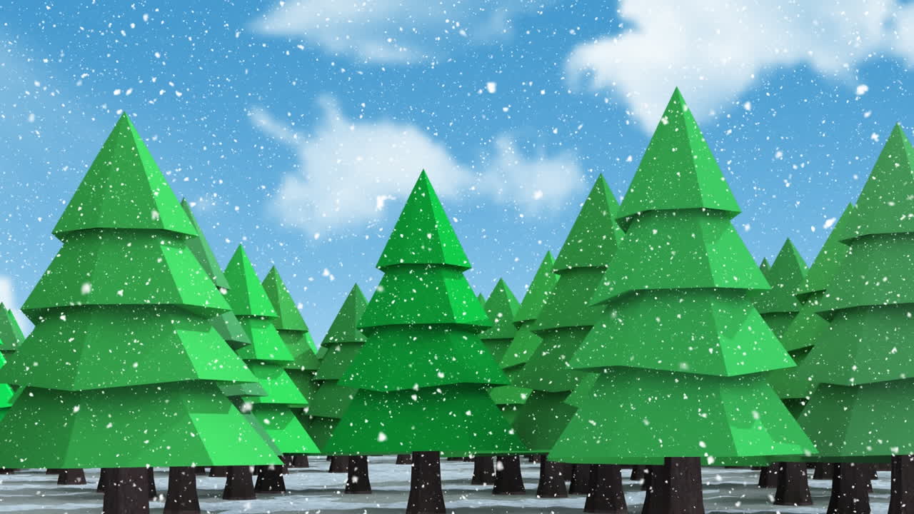 Animation of snow falling over fir trees and winter scenery