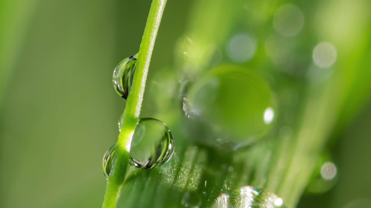 Macro time lapse of morning dew evaporates on a blade of grass