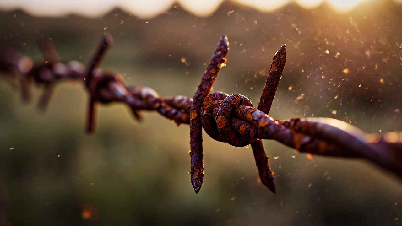Close up of rusty barbed wire at golden sunset hour