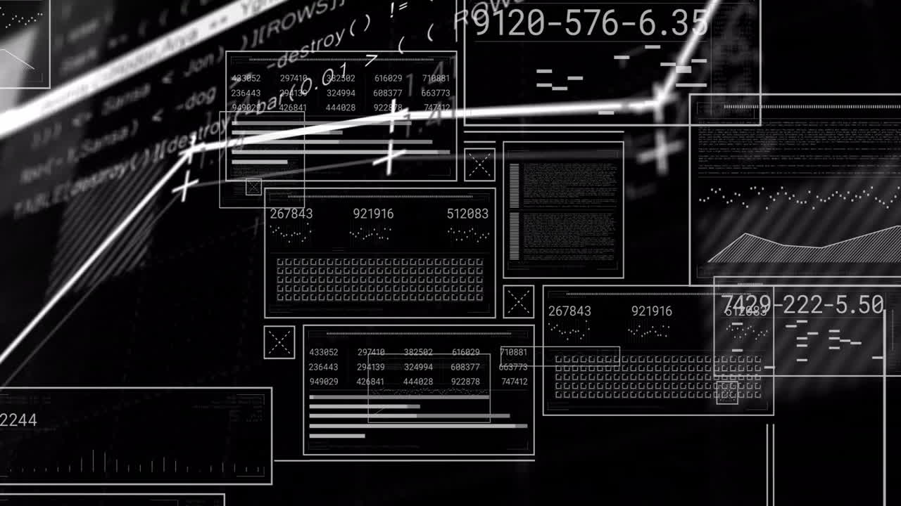 Animation of digital data and coding elements overlaying abstract black background